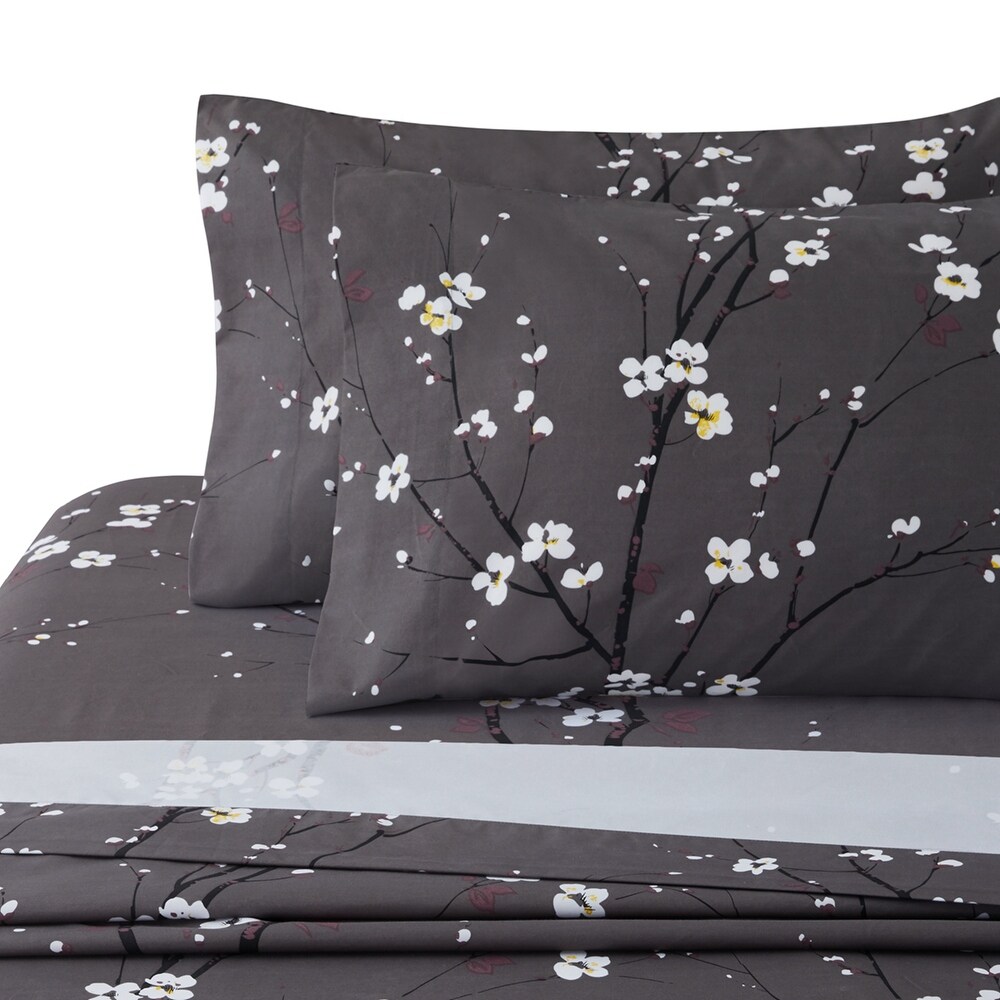 Marina Decoration Printed 600 Thread Count Soft Deep Pocket Cotton Blend Percale Bedding Sheet Set  Grey Plum Blossom Floral