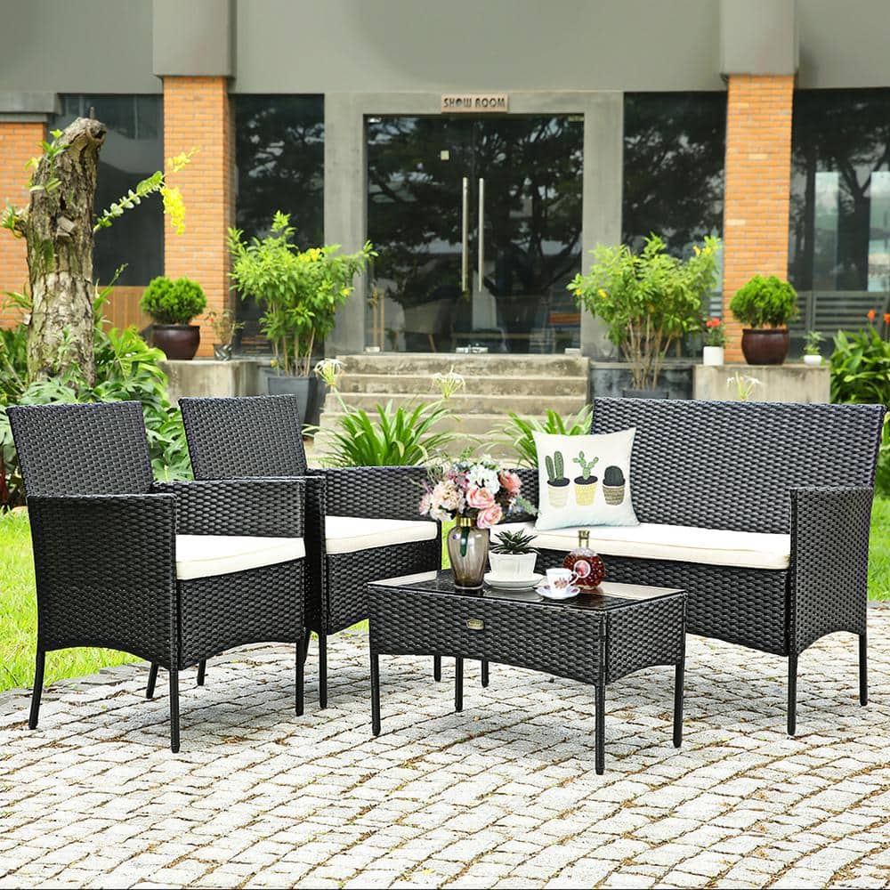 Costway 4-Piece Wicker Patio Conversation Set with White Cushions, Outdoor Rattan Furniture Set, Loveseat, Sofa Garden HW53485