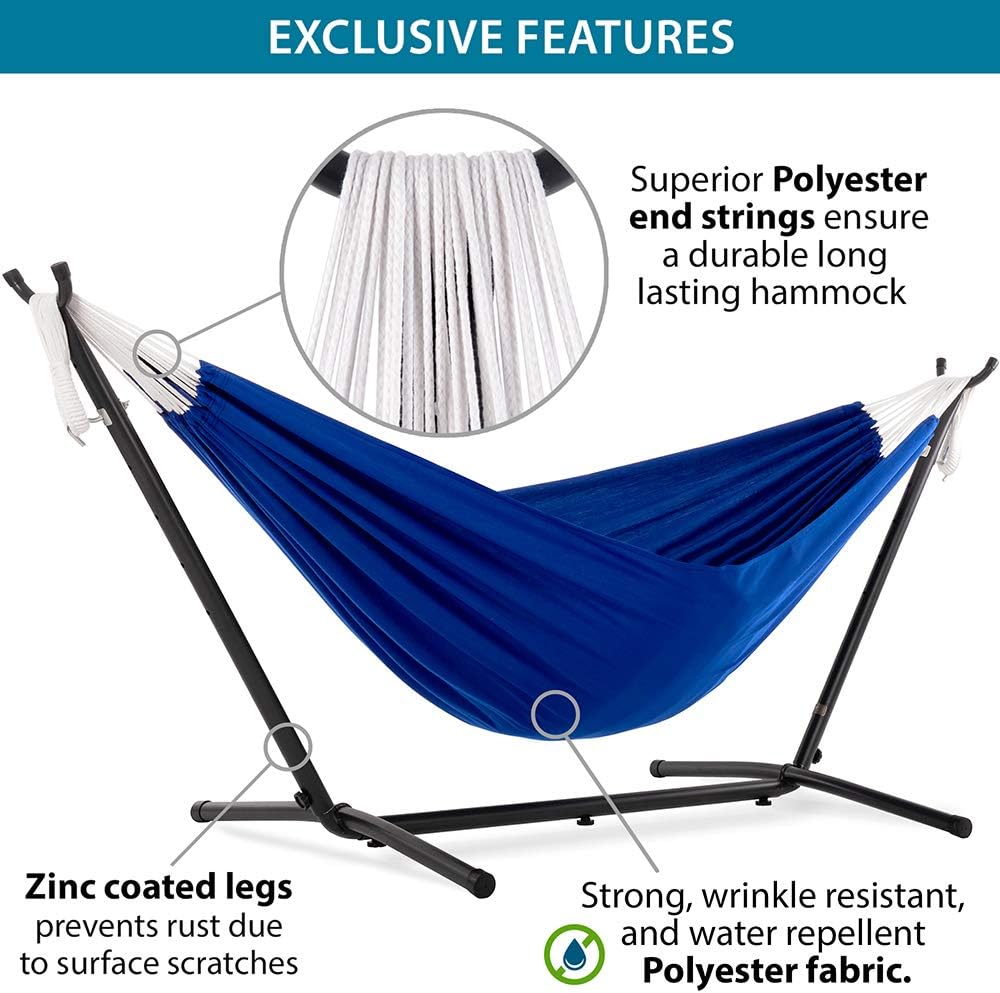 Double Cotton Hammock with Space Saving Steel Stand, Tropical (450 lb Capacity - Premium Carry Bag Included)