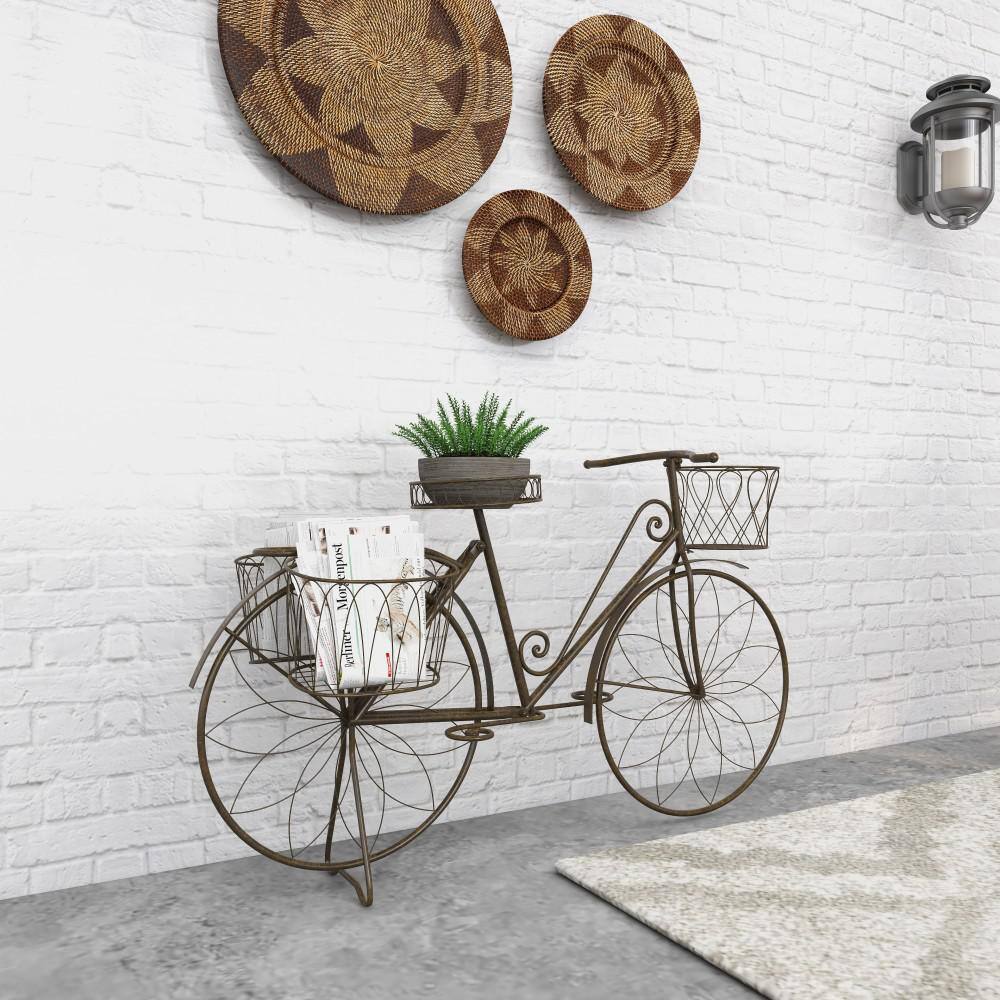 Litton Lane 31 in. Brown Metal Bike Indoor Outdoor Scrollwork And Wire Design Plantstand with Basket and Saddle Bag Planters 79182