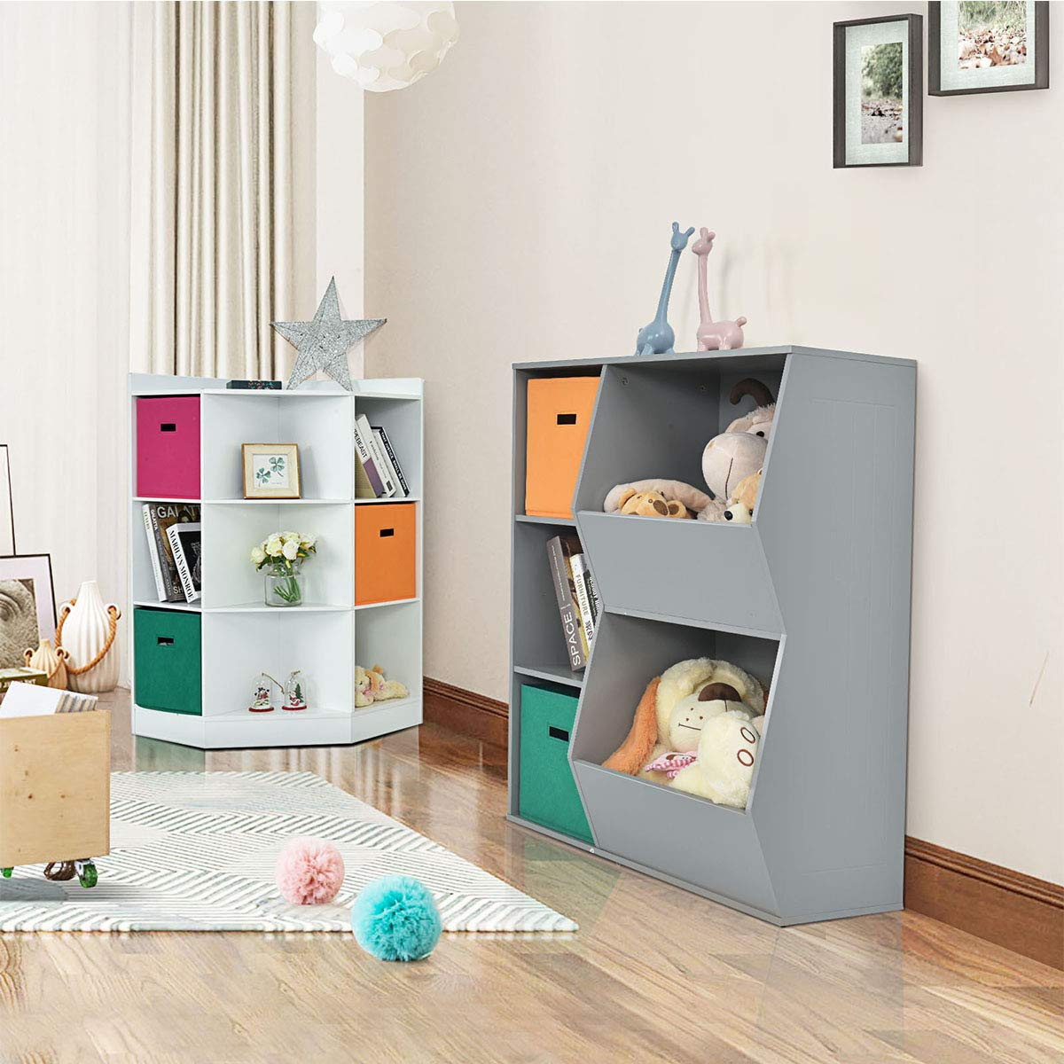 Costzon Children's Corner Cabinet with 6 Cubes and 3 Shelves