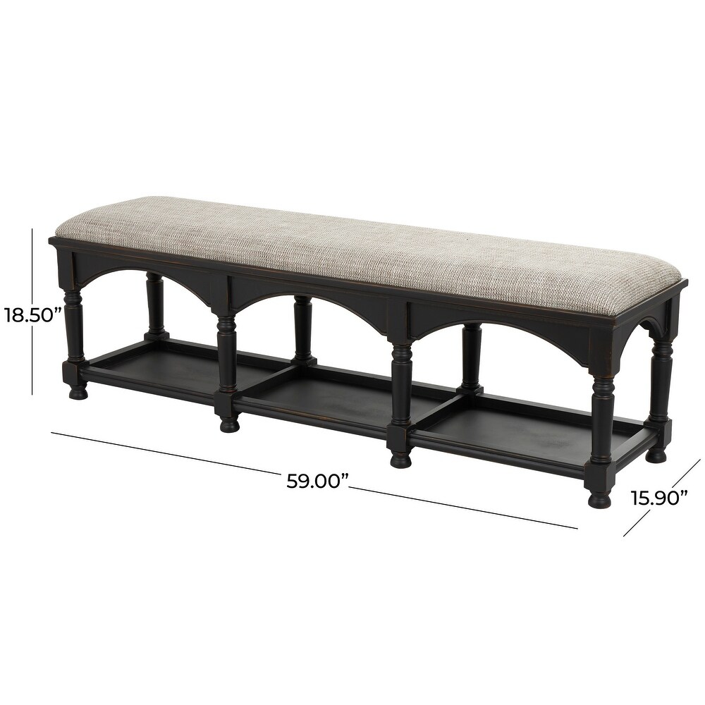 Black Fabric Arched Storage Bench with Traditional Turned Legs and Beige Cushion  59\