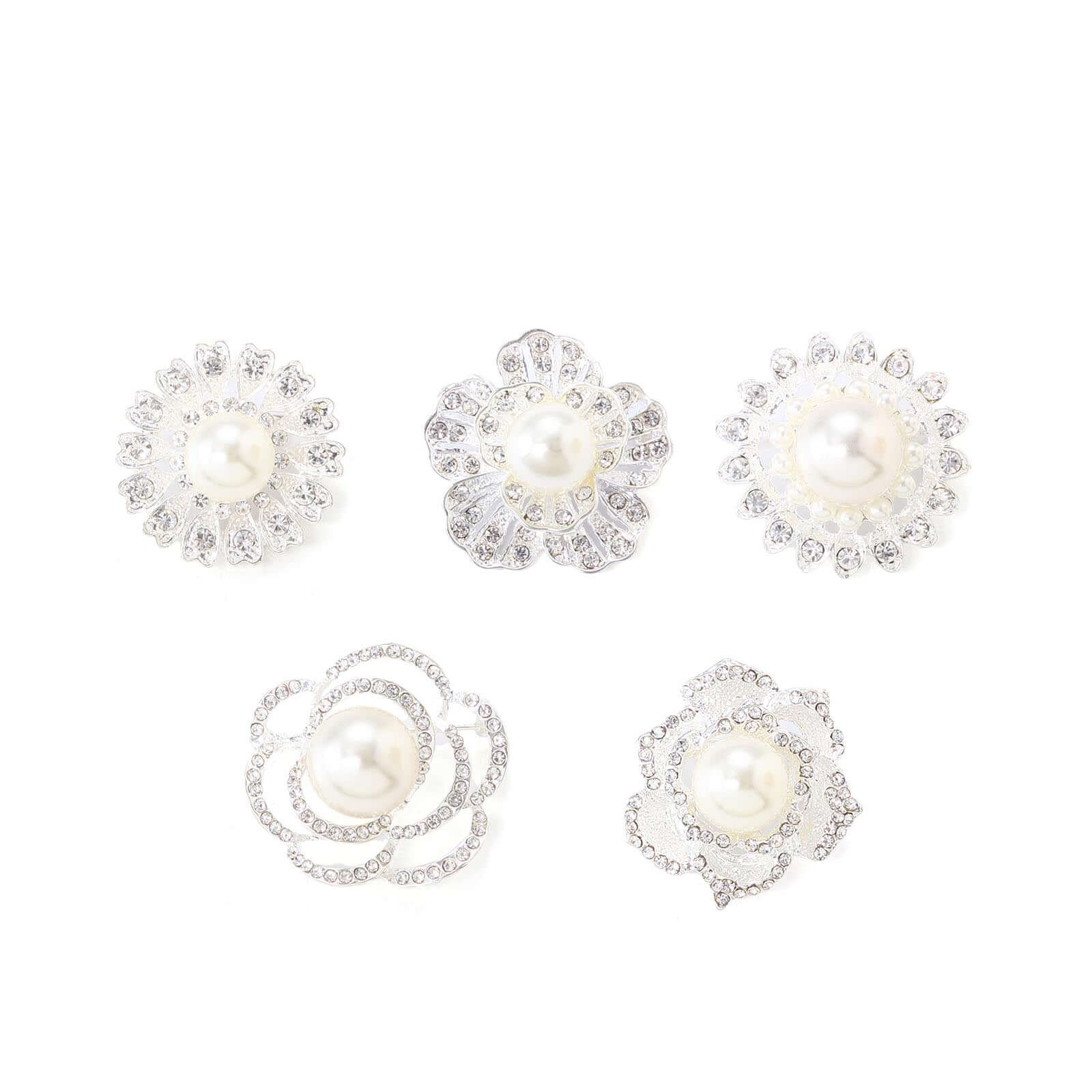 5 Pack Assorted Silver Plated Rhinestone Brooches with Pearl Center Floral Sash Pin Brooch Bouquet Decor