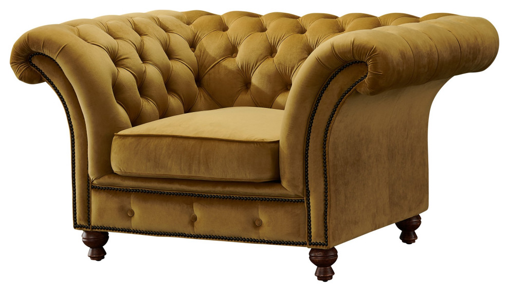 Peyton Sloped Arm Chesterfield Arm Chair Yellow Velvet   Eclectic   Armchairs And Accent Chairs   by Homesquare  Houzz