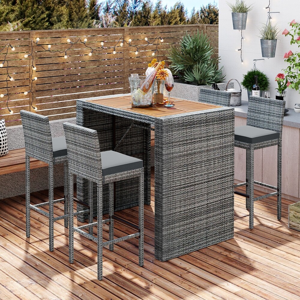 5 piece Outdoor Patio Wicker Dining Set Brown Wood and Gray Wicker