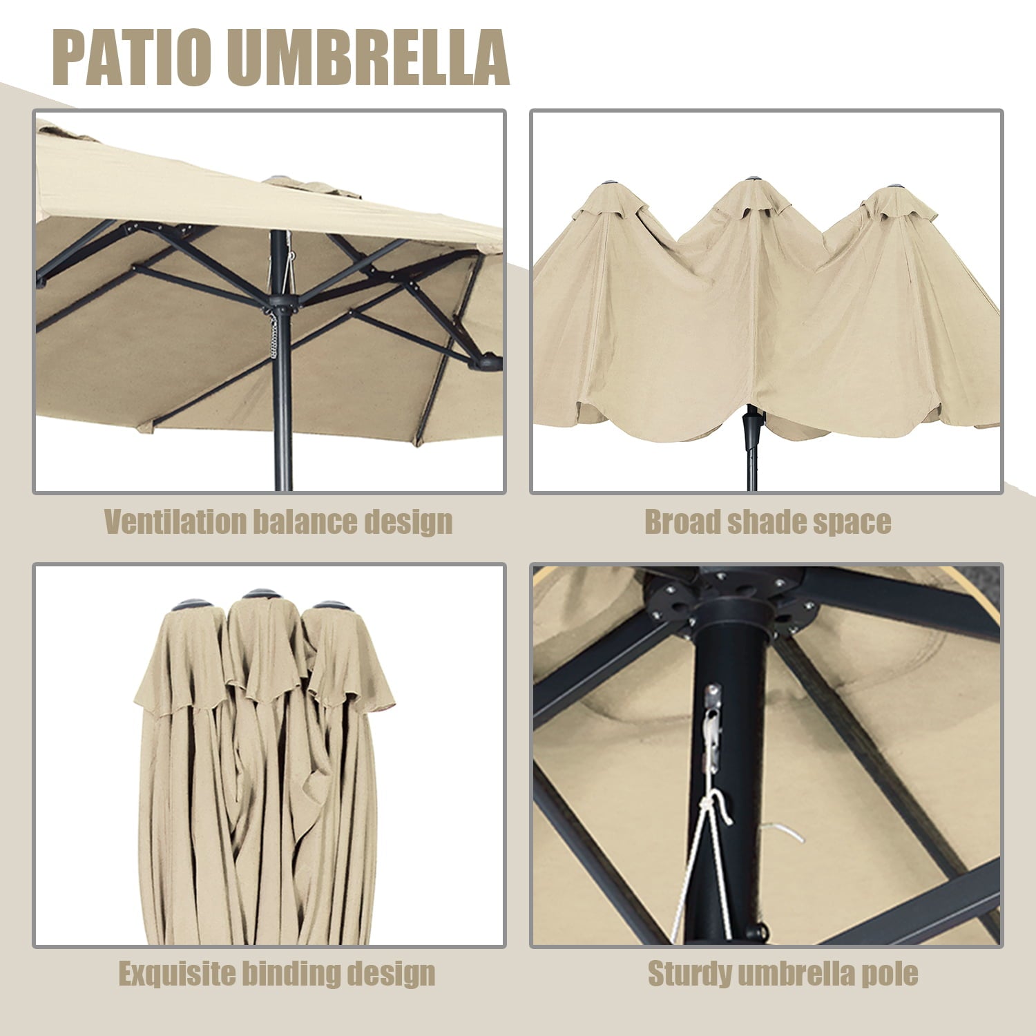 Autlaycil 15FT without lights Patio Umbrellas Double-Sided Outdoor Market Extra Large Umbrella with Crank-Khaki