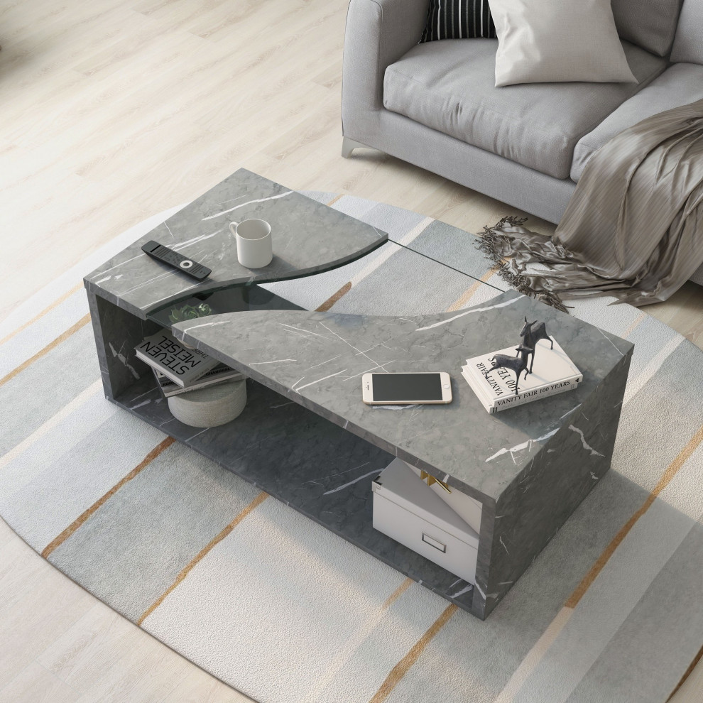 Sophisticated Coffee Table  Cement Faux Marble Body  Curved Glass Accented Top   Contemporary   Coffee Tables   by Declusia  Houzz