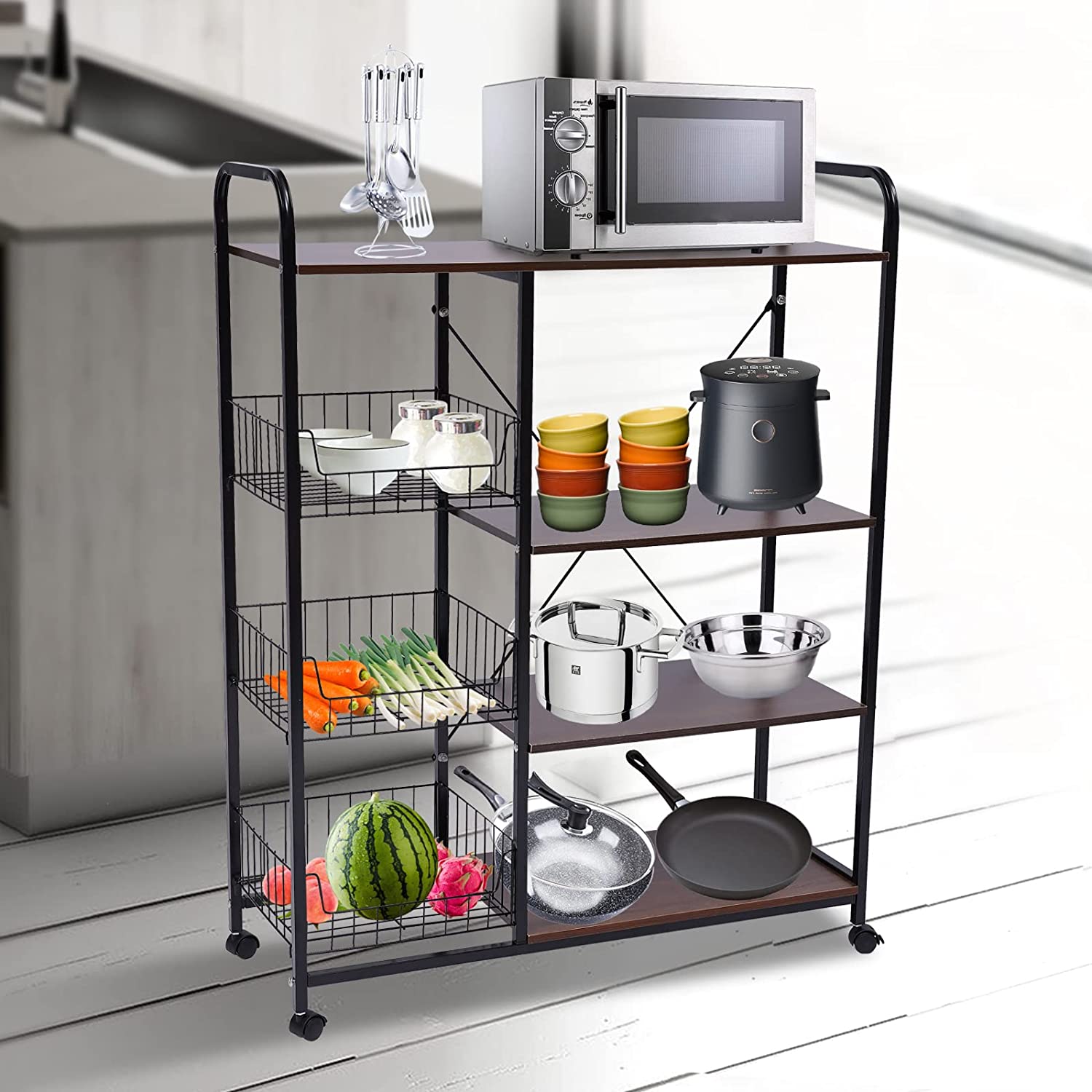 MONIPA Kitchen Baker’s Rack Utility Storage Shelf Free Standing Kitchen Organizer With Wheels for Spices， Pots， Pans and Oven