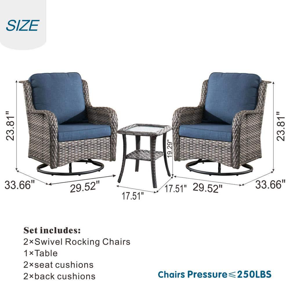 OVIOS Joyoung Gray 3Piece Wicker Outdoor Patio Conversation Seating Set with Denim Blue Cushions and Swivel Rocking Chairs