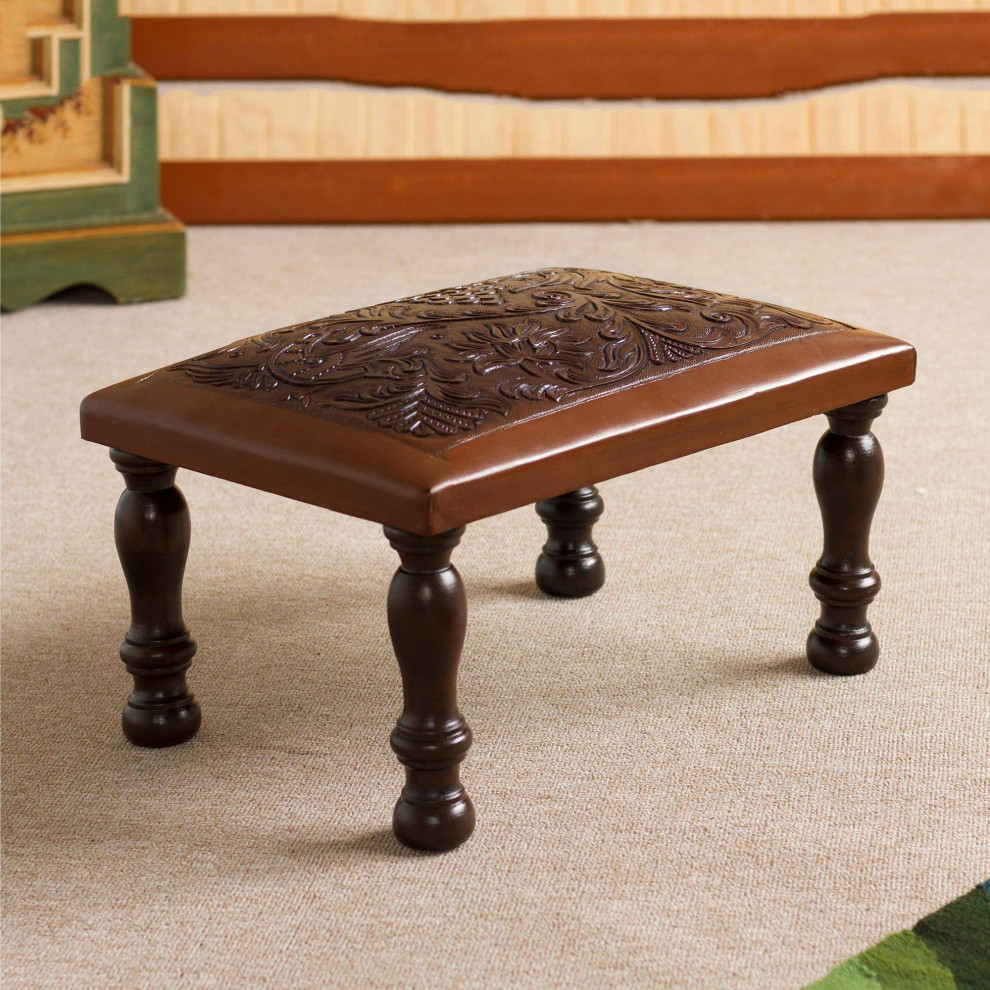 NOVICA World Of Nature And Leather And Wood Ottoman   Traditional   Footstools And Ottomans   by NOVICA  Houzz