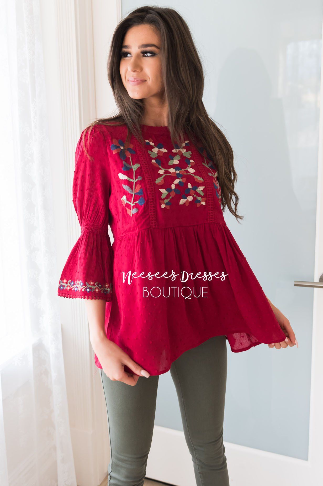 Looking Up Modest Embroidered Blouse