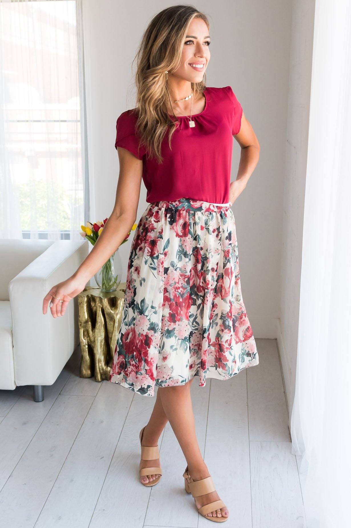 Cream & Mauve Watercolor Floral Skirt