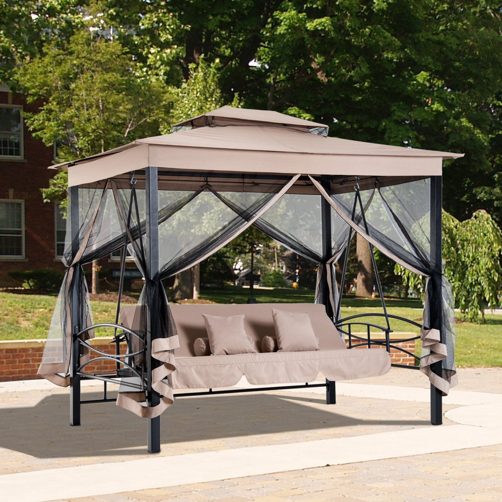 3 Person Outdoor Patio Daybed Canopy Gazebo Swing with Mesh Walls