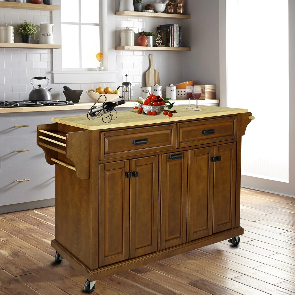 Natural Wood Top Kitchen Island with Cabinet  Kitchen Cart