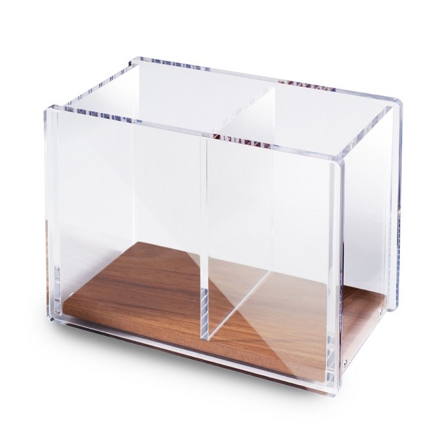 Zodaca Divided Clear Acrylic Wood Base Pen Holder