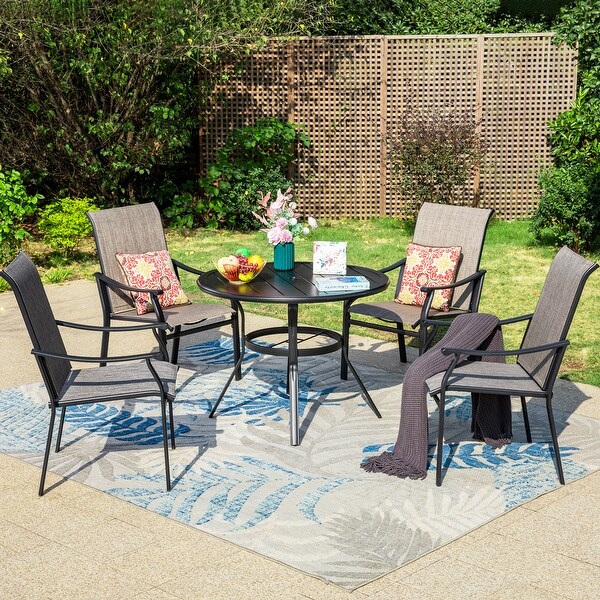 MAISON ARTS 5/7Piece Patio Dining Set，Round Metal Table and 4/6 Textilene Fabric Padded Armchairs