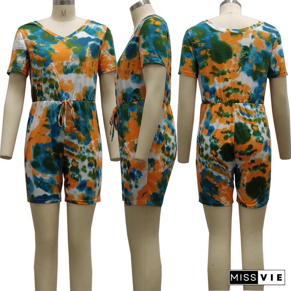 Sexy Fashion Digital Printing Short-Sleeved V-Neck Jumpsuit