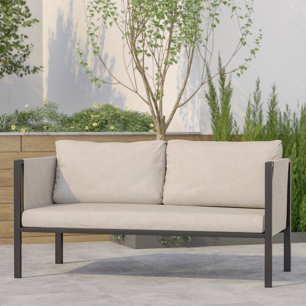 Emma And Oliver Indoor Outdoor Patio Loveseat Steel Framed Club Chair With Cushions And 2 Storage Pockets