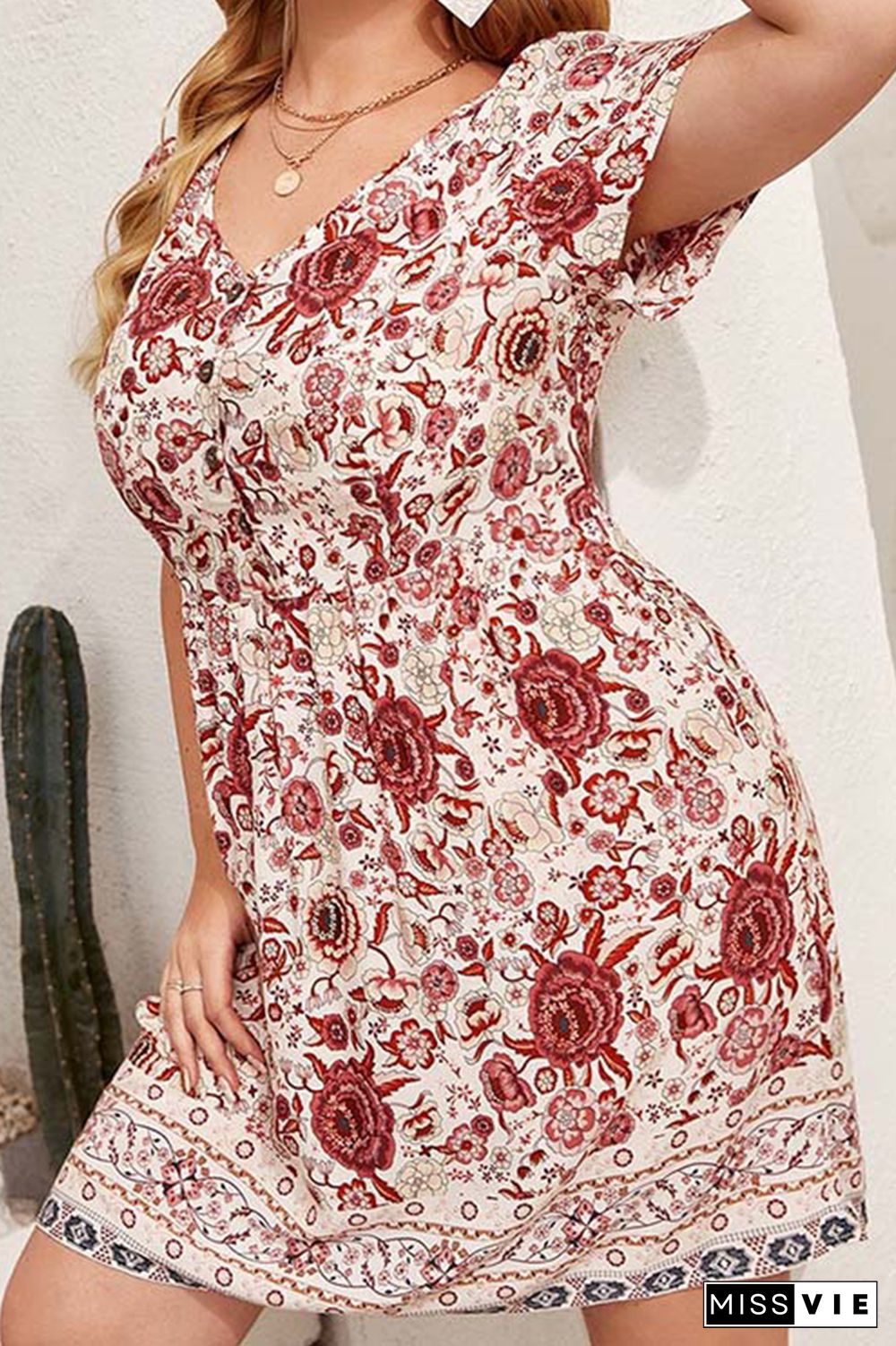 Button Down Floral Print Short Sleeves Plus Size Dress