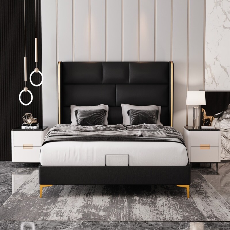 Queen Size Square Tufted Upholstered Platform Bed with 56\