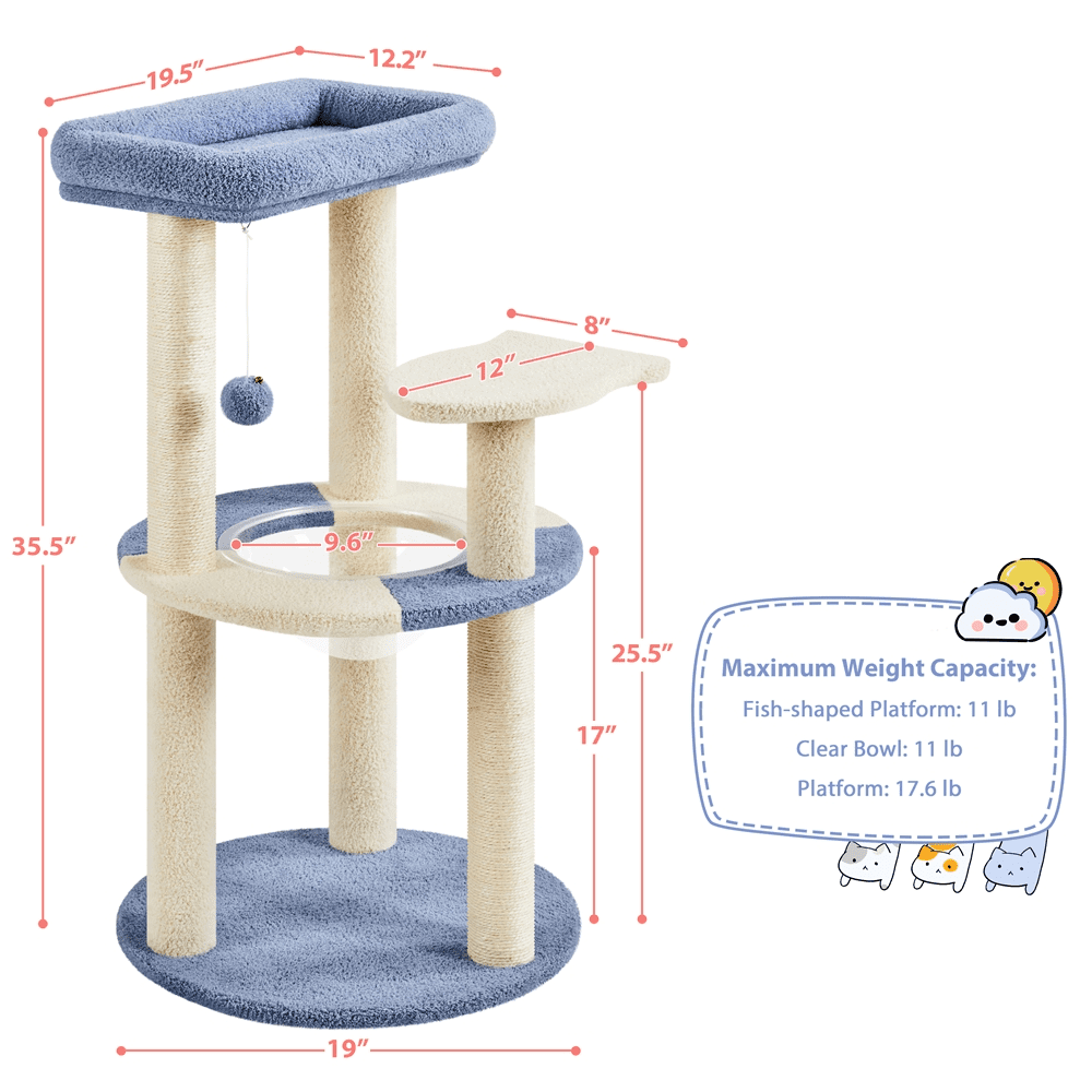 SmileMart 35.5″H Ocean Cat Tree with Padded Perch Natural Sisal for Kittens， Blue/Beige