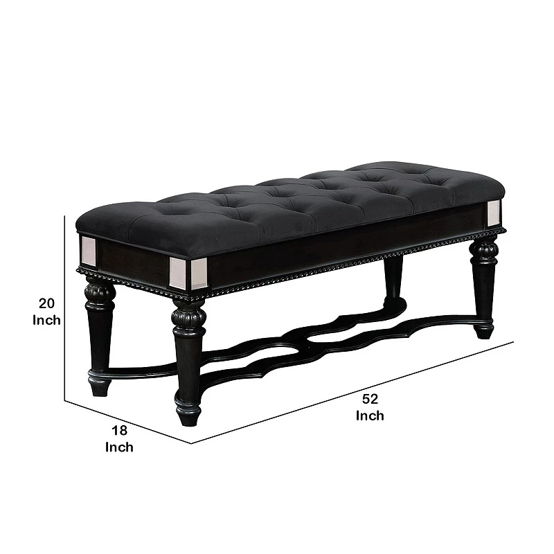 Fabric Padded Bench with Deep Button Tufting and Turned Legs， Black