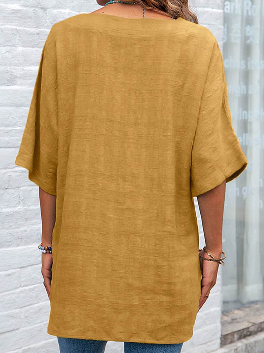 V-neck Casual Loose Solid Color Cotton And Linen Blouse