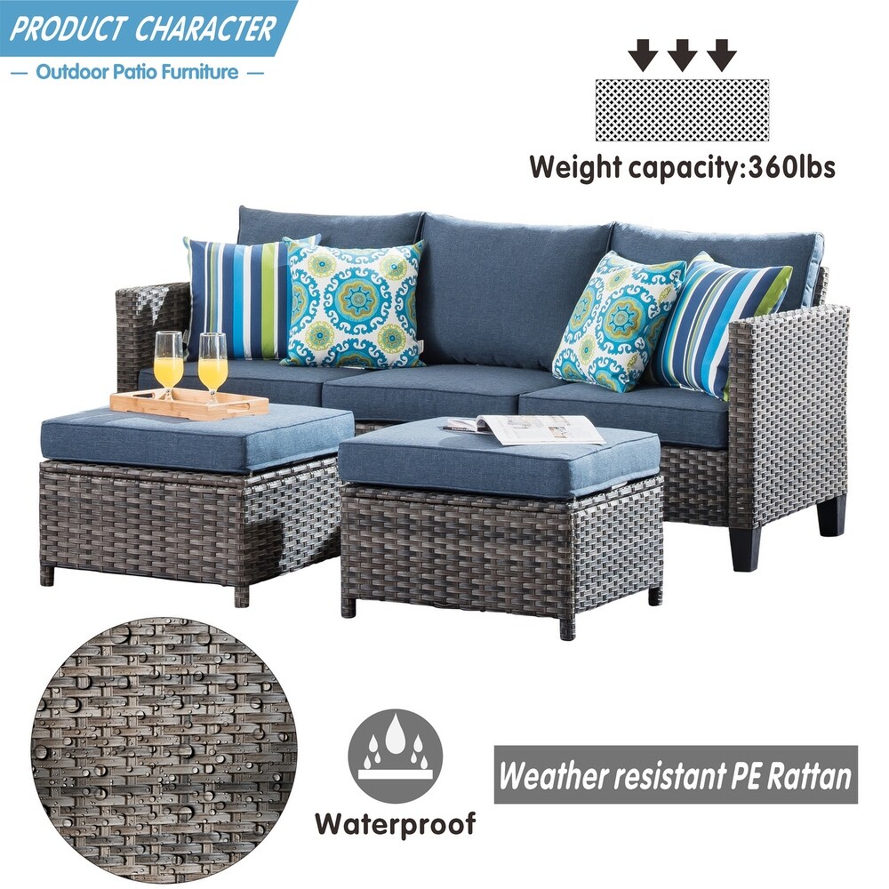 OVIOS 3 piece Outdoor High back Wicker Sectional Ottoman Set