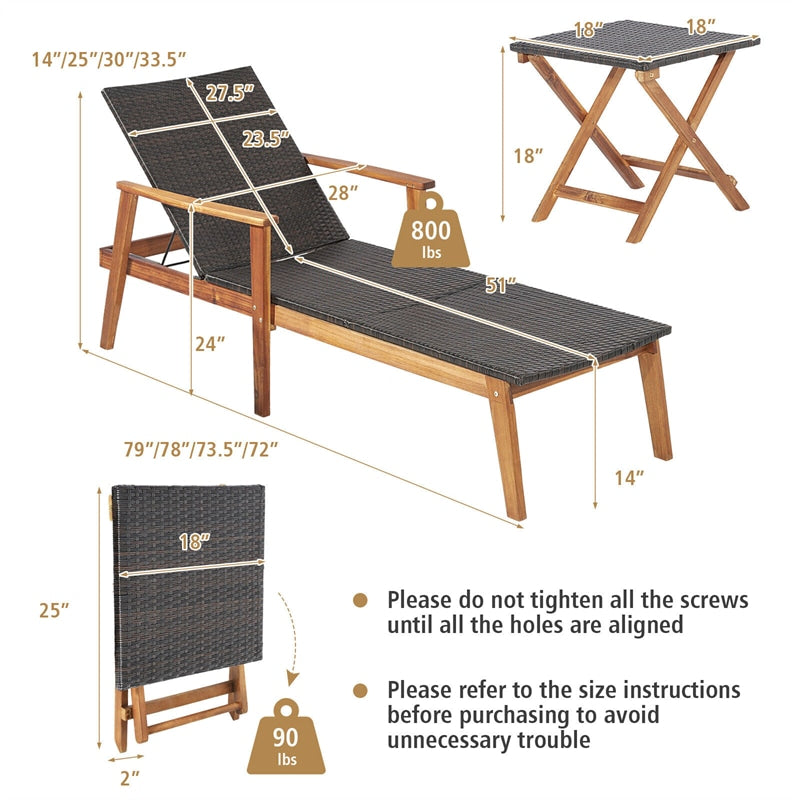 3 Piece Wicker Outdoor Lounge Chair Set Acacia Wood Chaise Lounge with Folding Side Table