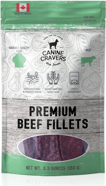 Canine Cravers Premium Beef Fillets Dehydrated Dog Treats， 5.3-oz pouch