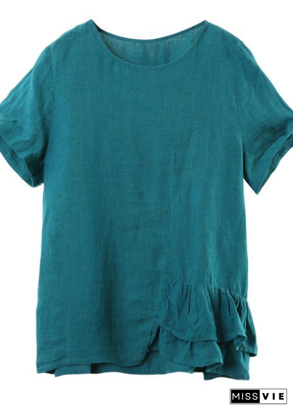 DIY o neck asymmetric linen cotton summer blue loose shirt