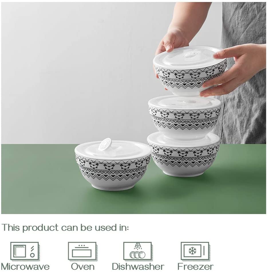 Dowan Porcelain Bowls Set with Lid， 22 oz Cereal Soup Bowls， Ceramic Food Storage Bowls， Dishwasher and Microwave Safe， Prep Bowls for Kitchen， Modern Bohemian Bowl for Oatmeal Rice Pasta Salad， 4 Pack