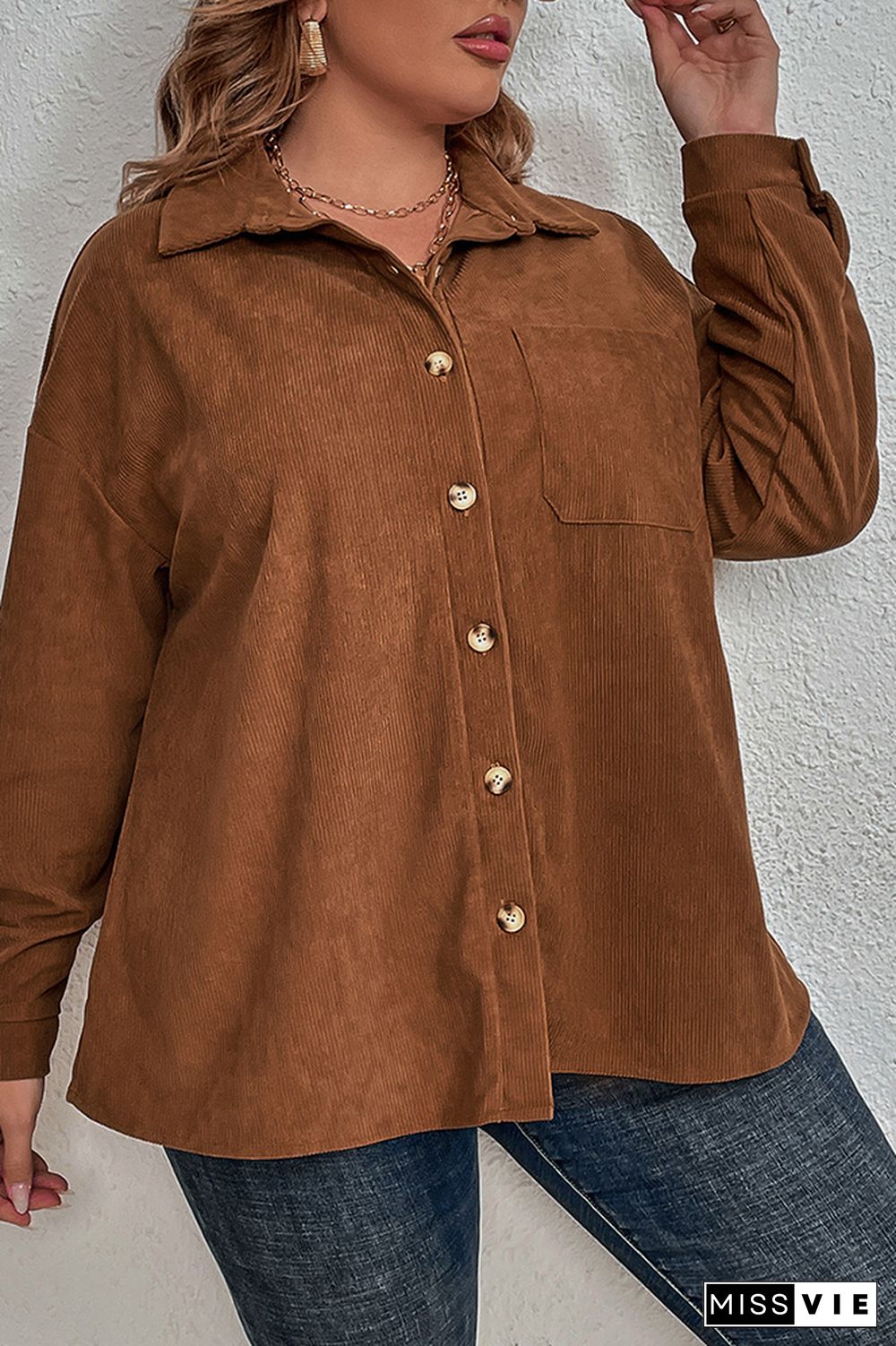 Brown Corduroy Open Button Plus Size Shirt