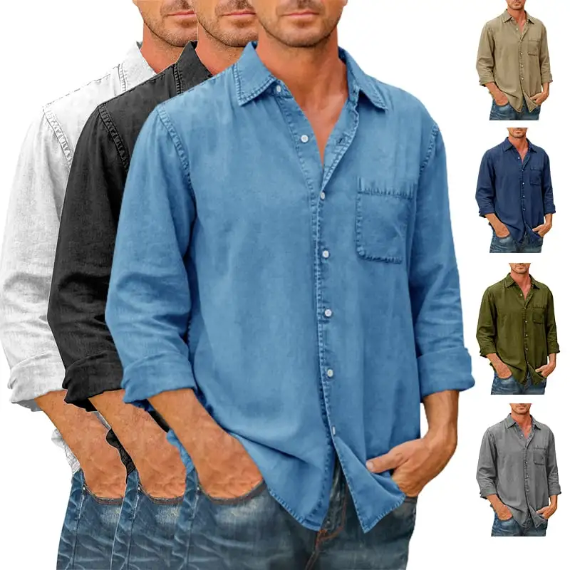 🔥Mens Denim Long Sleeve Button Down Shirt