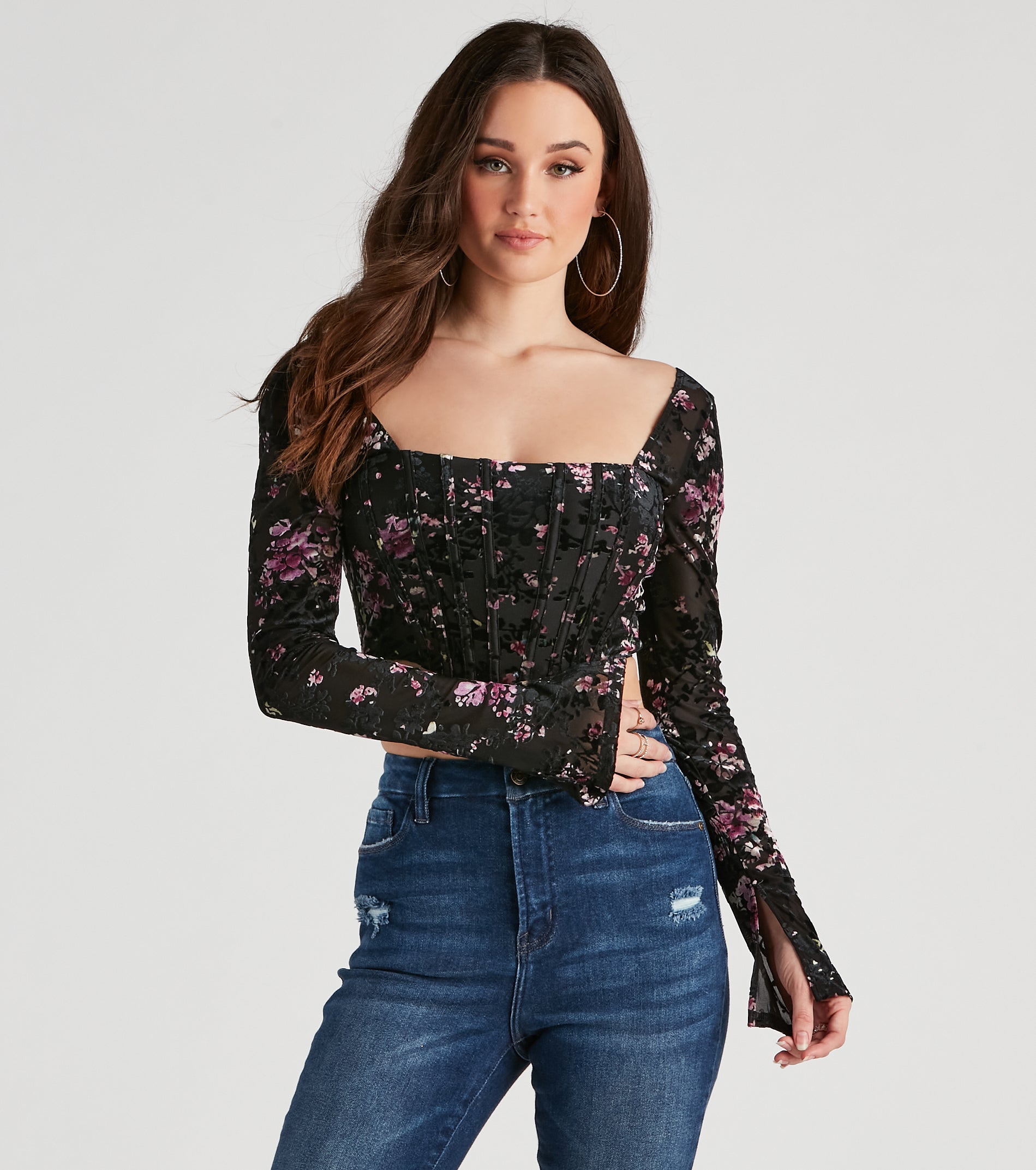 Trendy Florals Flocked Velvet Corset Top