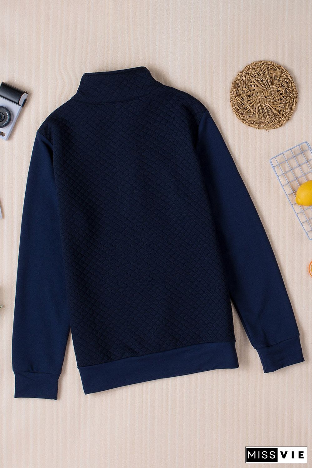 Navy Stand Neck Waffle Zip Up Sweatshirt