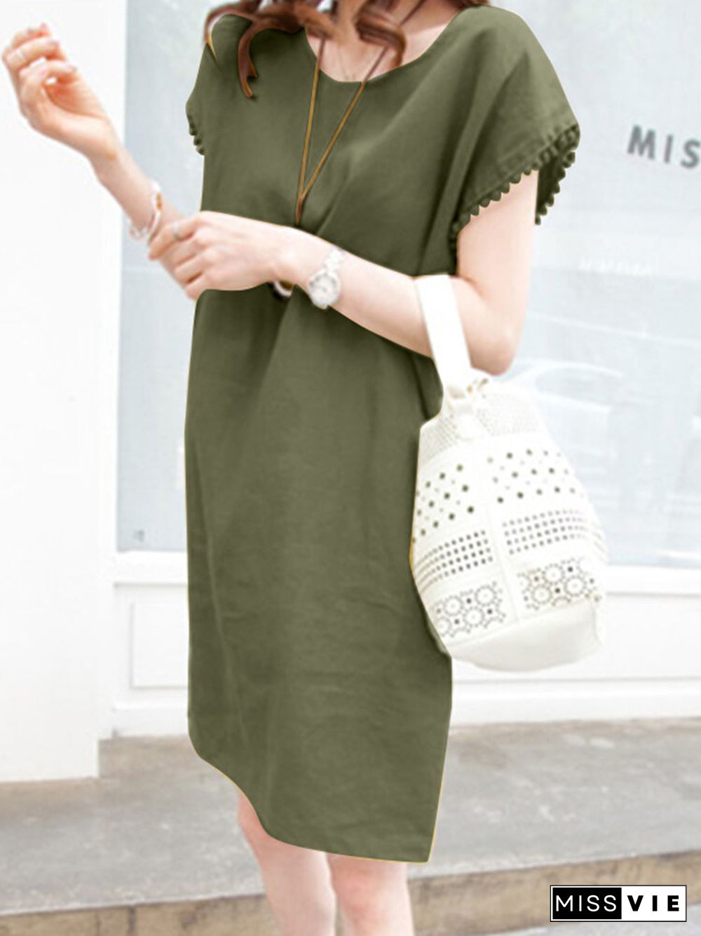 Solid Crew Neck Short Sleeve Loose Dress For Women