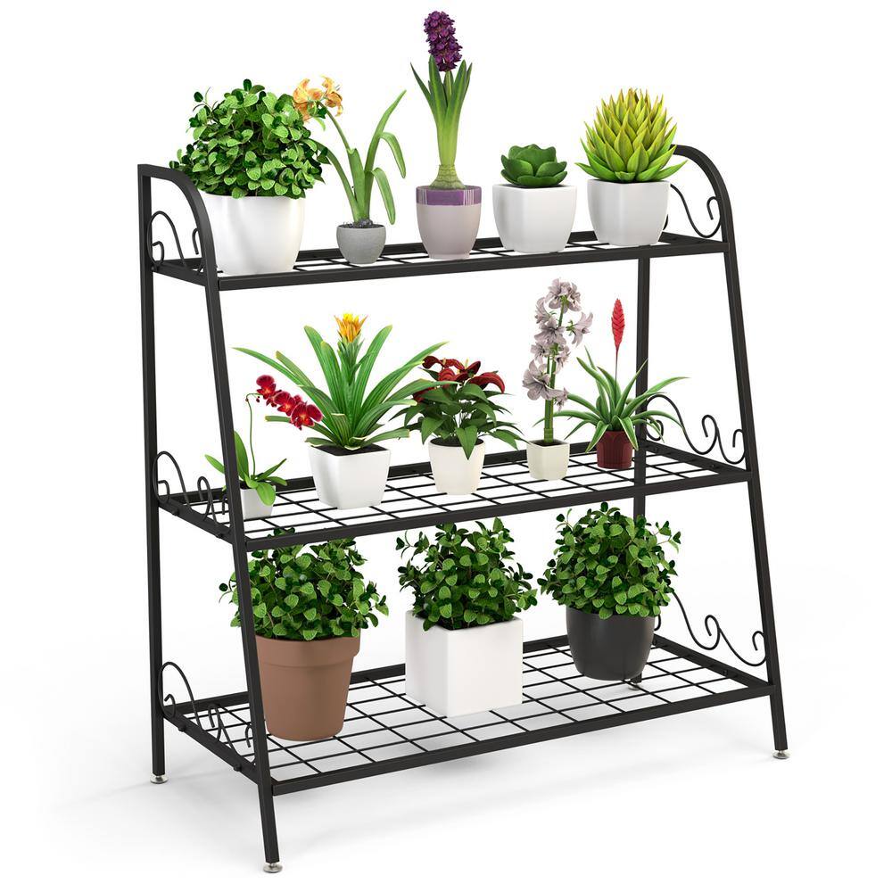 Costway 13 in. Tall Indoor/Outdoor Steel Corner Black Metal Plant Stand (3-Tiered) GT3526