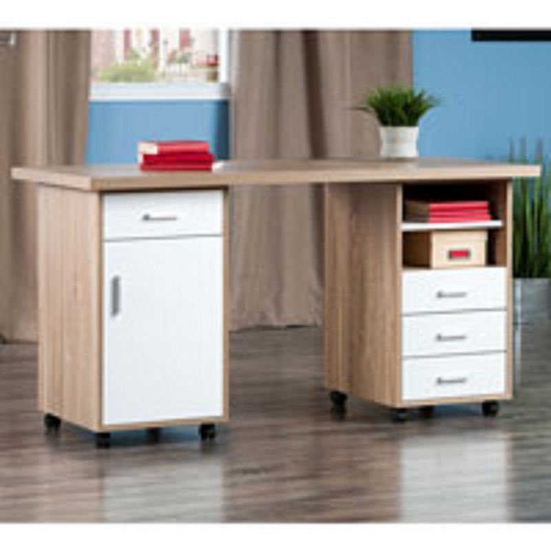 Set of 3 Beige and Gray Desk with Storage Cabinet