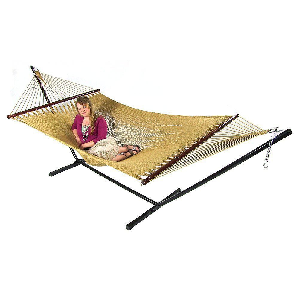 Ultimate Patio Soft-Spun Woven Rope Double Hammock w/ 15-Foot Black Stand