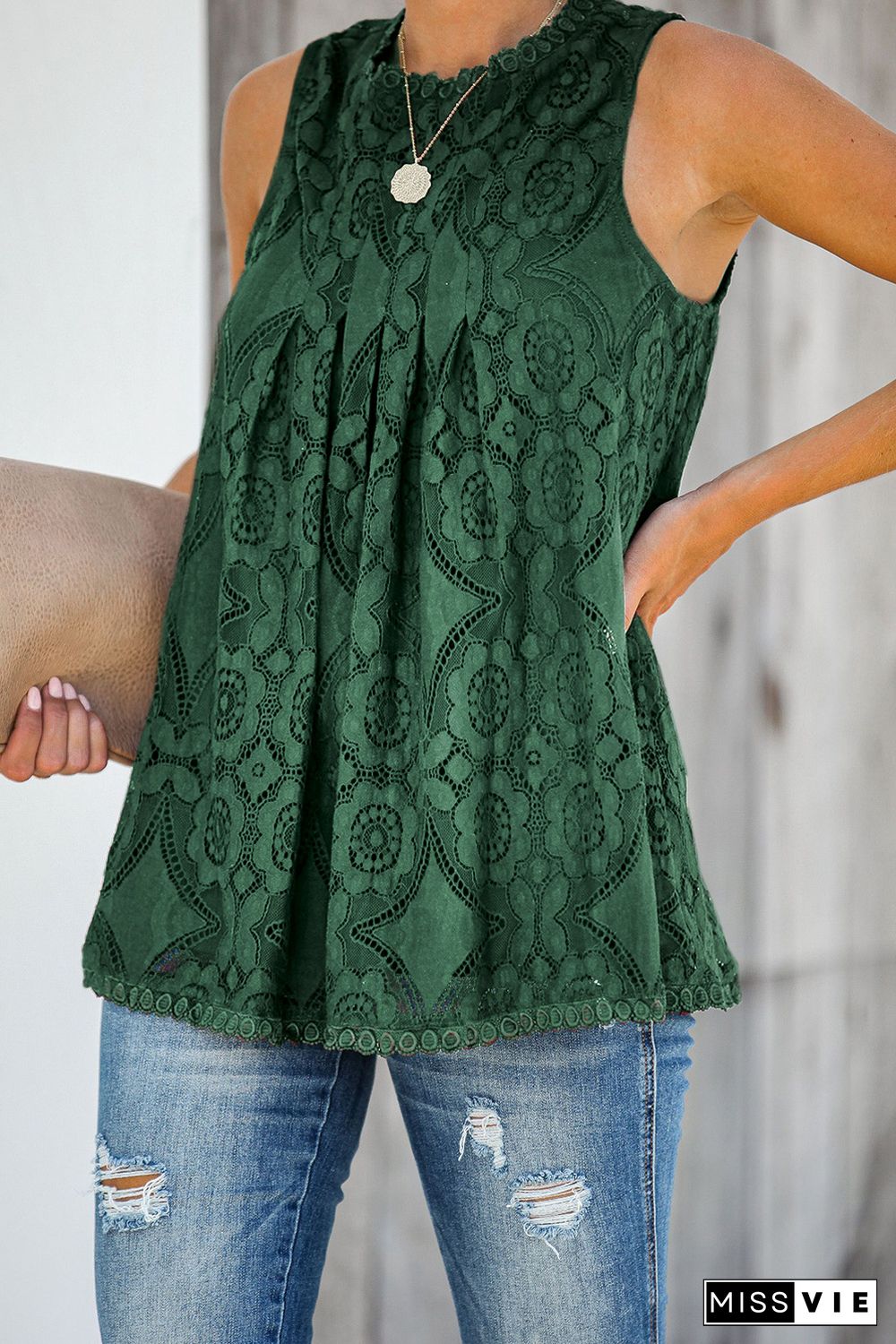 Green Lace Hollow Out Sleeveless T-Shirt