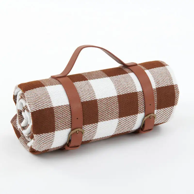 Foldable Waterproof Picnic Blanket Mat with Leather Strap Woven Plaid Outdoor Picnic Rug