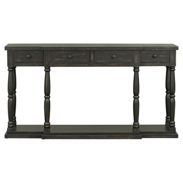 Retro Senior Console Table with 4 Front Facing Storage Drawers and a Shelf， Entryway Table for Entryway， Hallway， Living Room