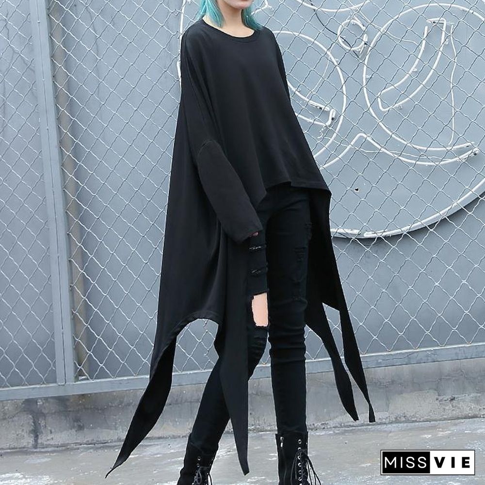 2019 black natural cotton blended t shirt oversize O neck clothing tops vintage asymmetric large hem t shirt