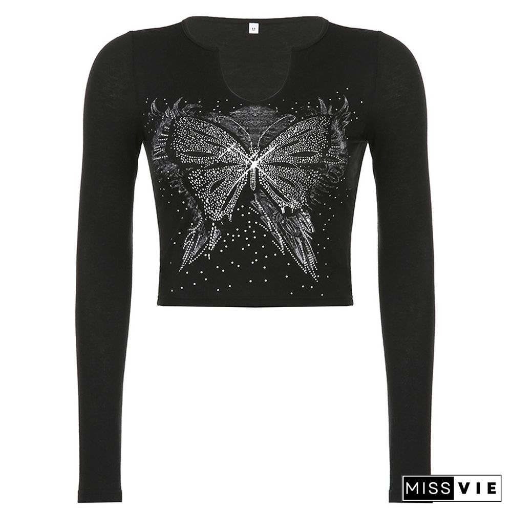 Butterfly Print U-Neck Crop Shirt