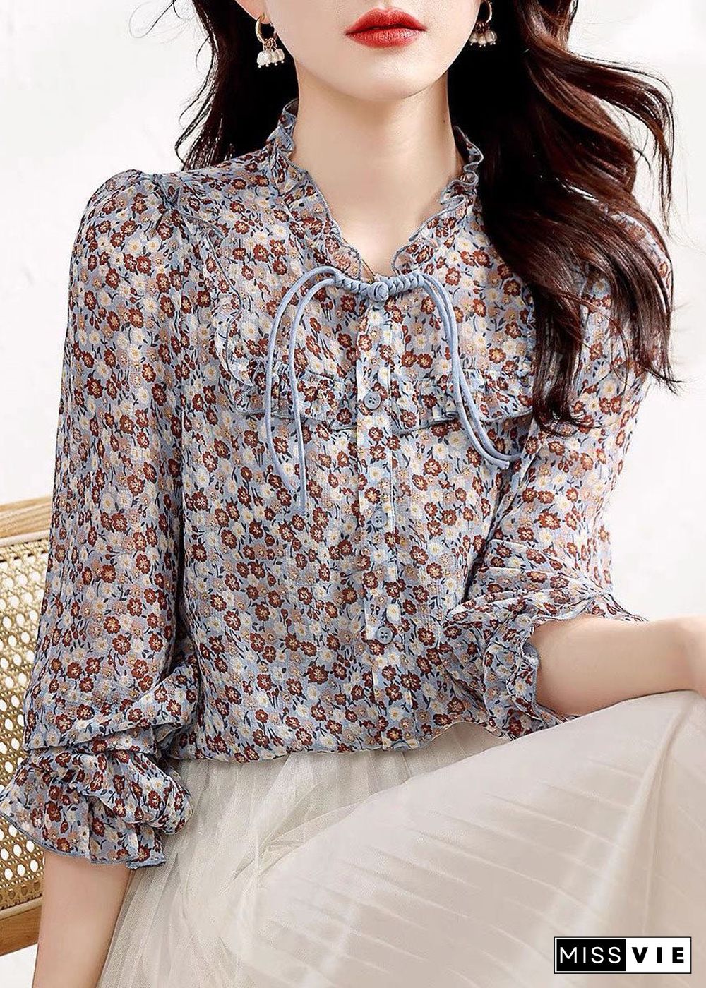 Bohemian Floral Ruffled Patchwork Chiffon Shirt Tops Spring