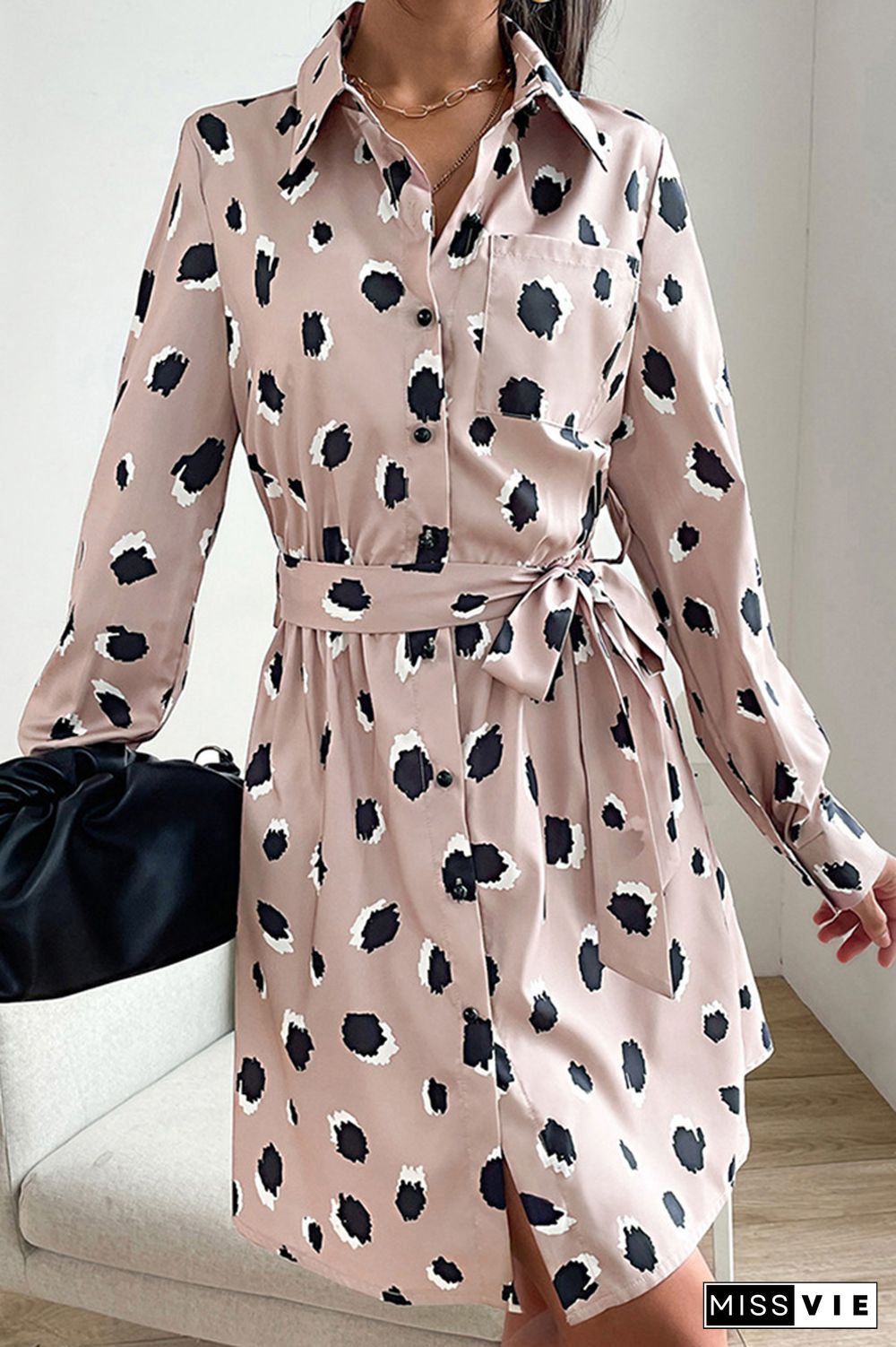 Turndown Collar Button Up Printing Shirt Dress