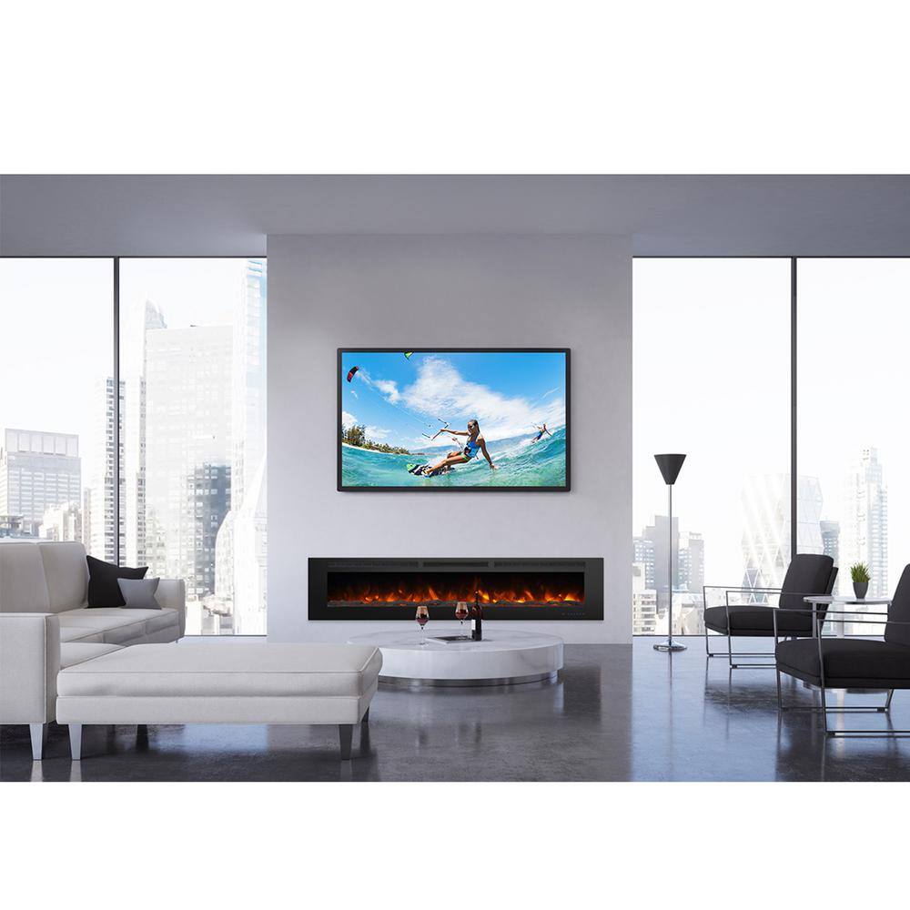 Valuxhome 72 in. 1500W750W Electric Fireplace Recessed Fireplaces with Remote Overheating Protection Touch Screen in Black EF72-HD