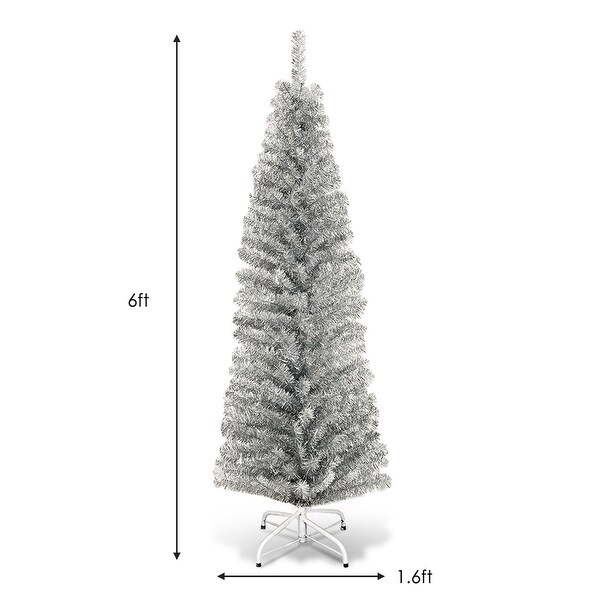 Costway 6FT Tinsel Tree Slim Pencil Christmas Tree Silver Champagne