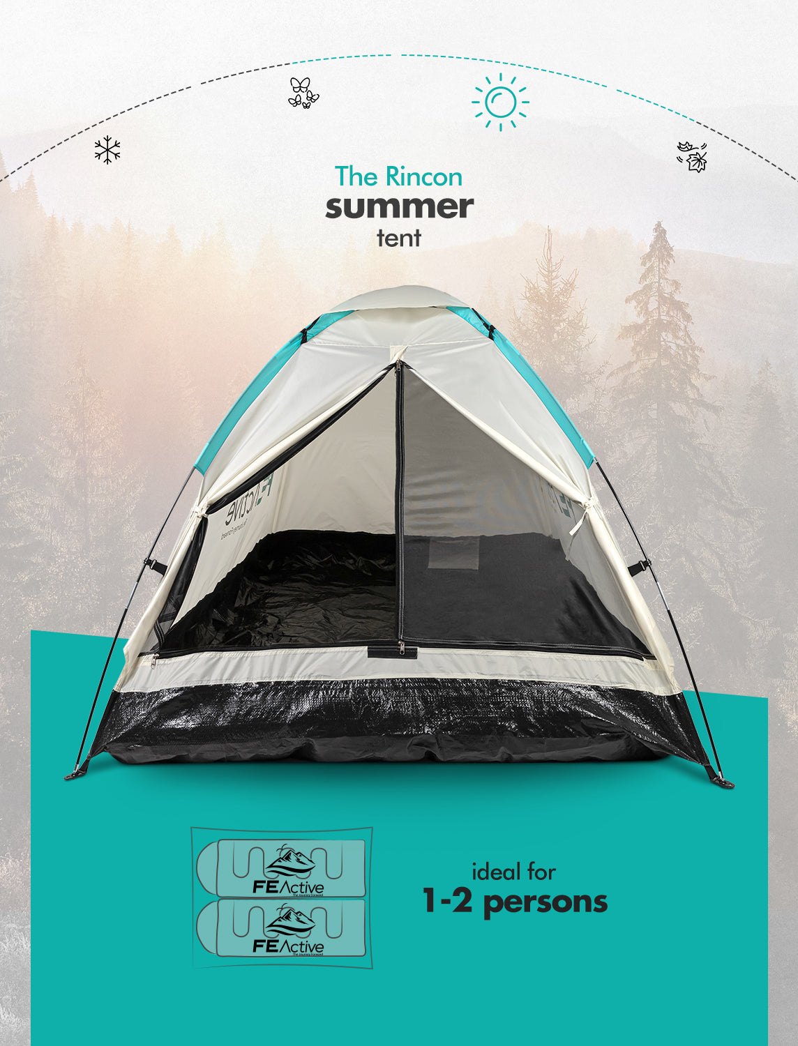 FE Active - 1 to 2 Person Tent with Screened Entrance and Easy Quick Setup That is Water Resistant for Outdoors， Camping， Backpacking， Hiking， Trekking | Designed in California， USA